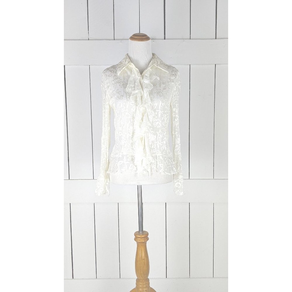 Cold Water Creek sheer ivory floral ruffle button down long sleeve blouse PS